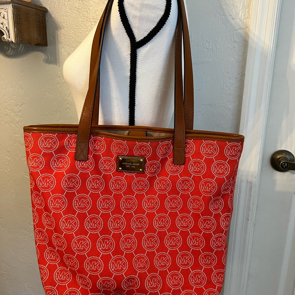 Michael Kors Red and Brown Tote Bag with Monogram Design